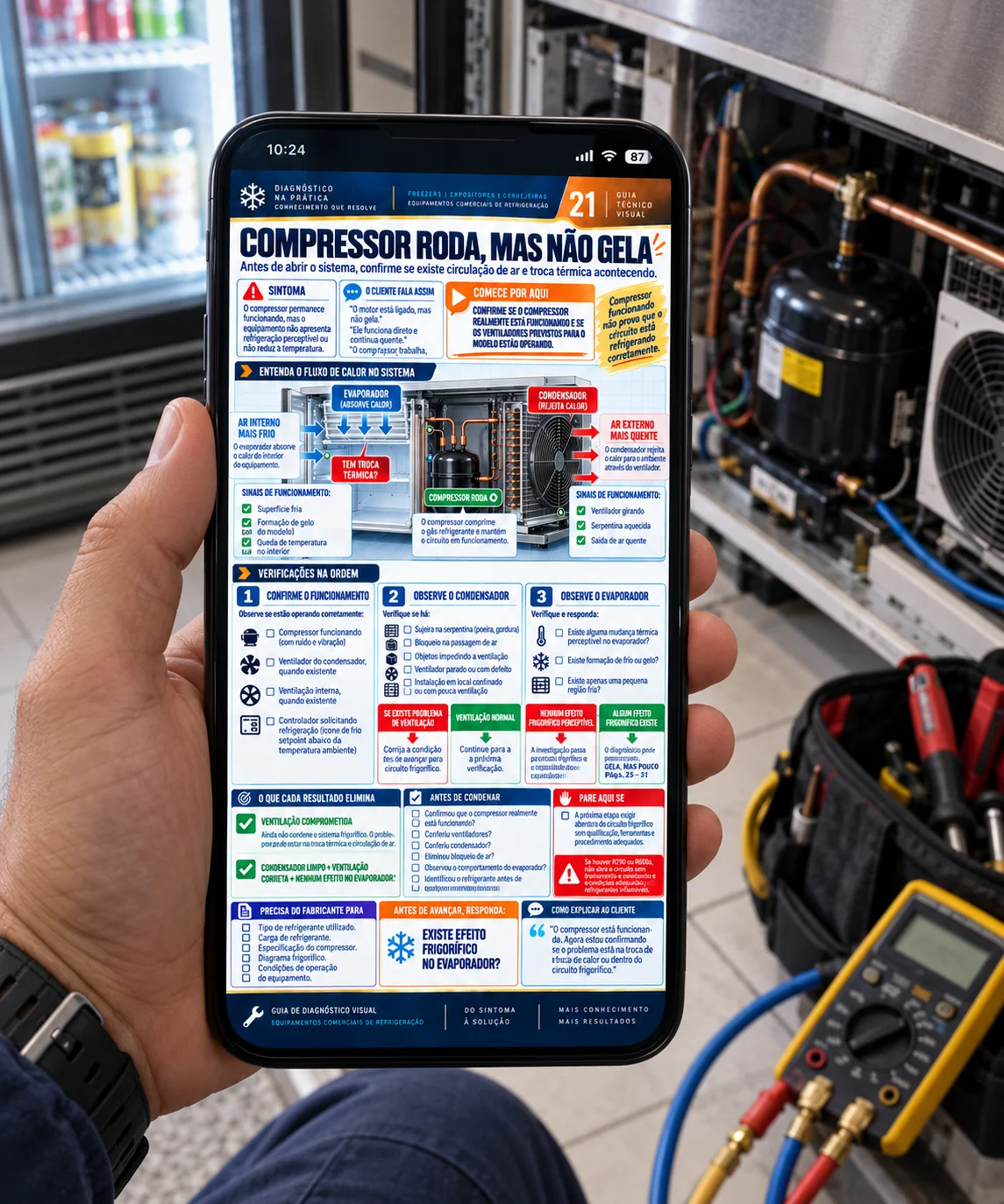 Ficha de diagnóstico sendo consultada no celular diante do equipamento